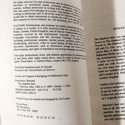 The Elephant Man by Bernard Pomerance [TRADE PAPERBACK] 1979 • Grove Press