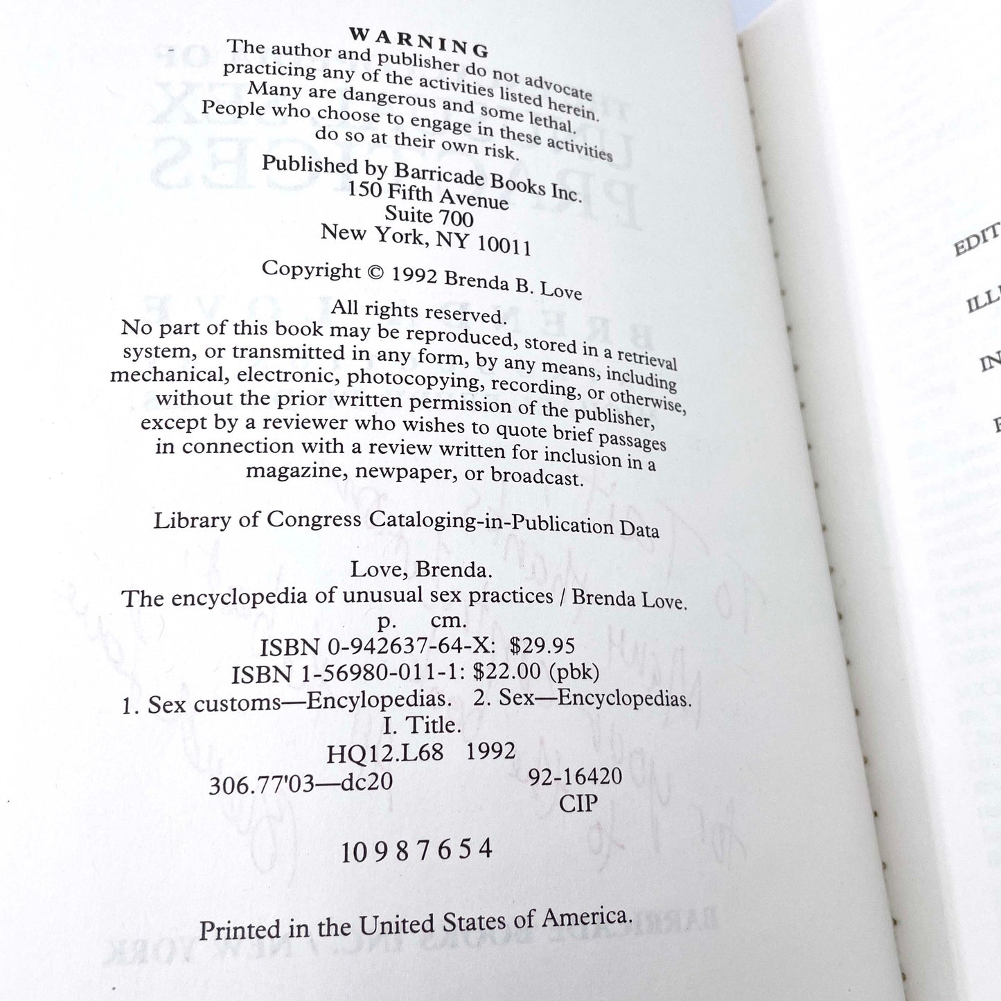 The Encyclopedia of Unusual Sex Practices by Brenda Love SIGNED! [FIRST EDITION PAPERBACK] 1992 • Barricade Books