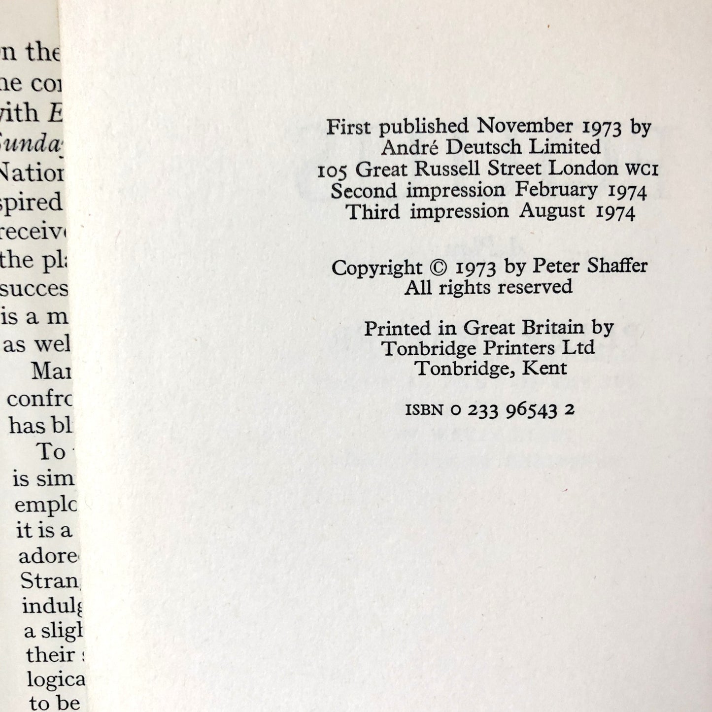 Equus by Peter Shaffer [U.K. FIRST EDITION] 1973 • 3rd Impression • Andre Deutsch