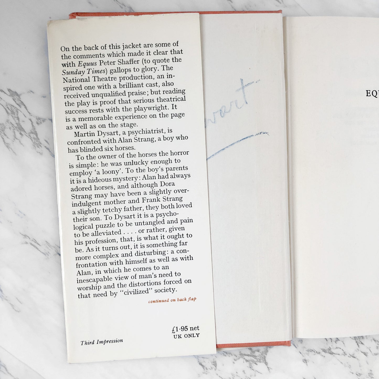 Equus by Peter Shaffer [U.K. FIRST EDITION] 1973 • 3rd Impression • Andre Deutsch