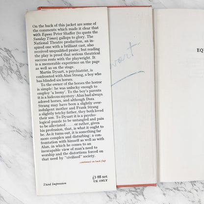 Equus by Peter Shaffer [U.K. FIRST EDITION] 1973 • 3rd Impression • Andre Deutsch