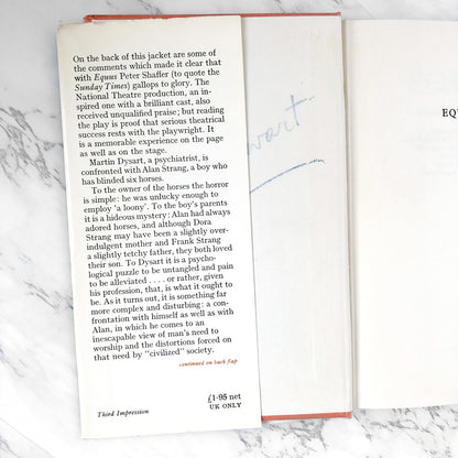 Equus by Peter Shaffer [U.K. FIRST EDITION] 1973 • 3rd Impression • Andre Deutsch