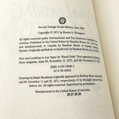 Fear and Loathing in Las Vegas by Hunter S. Thompson [TRADE PAPERBACK] 1998 • Vintage Books