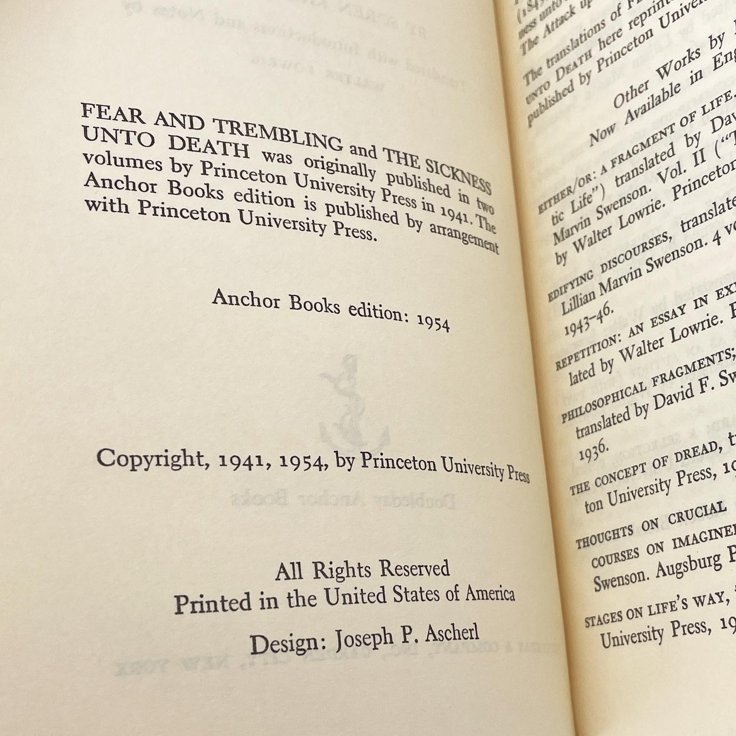 Fear and Trembling & The Sickness Unto Death by Søren Kierkegaard [FIRST U.S. PAPERBACK EDITION] 1954 • Anchor Books