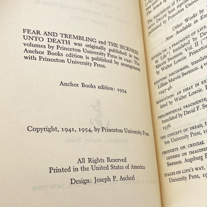 Fear and Trembling & The Sickness Unto Death by Søren Kierkegaard [FIRST U.S. PAPERBACK EDITION] 1954 • Anchor Books