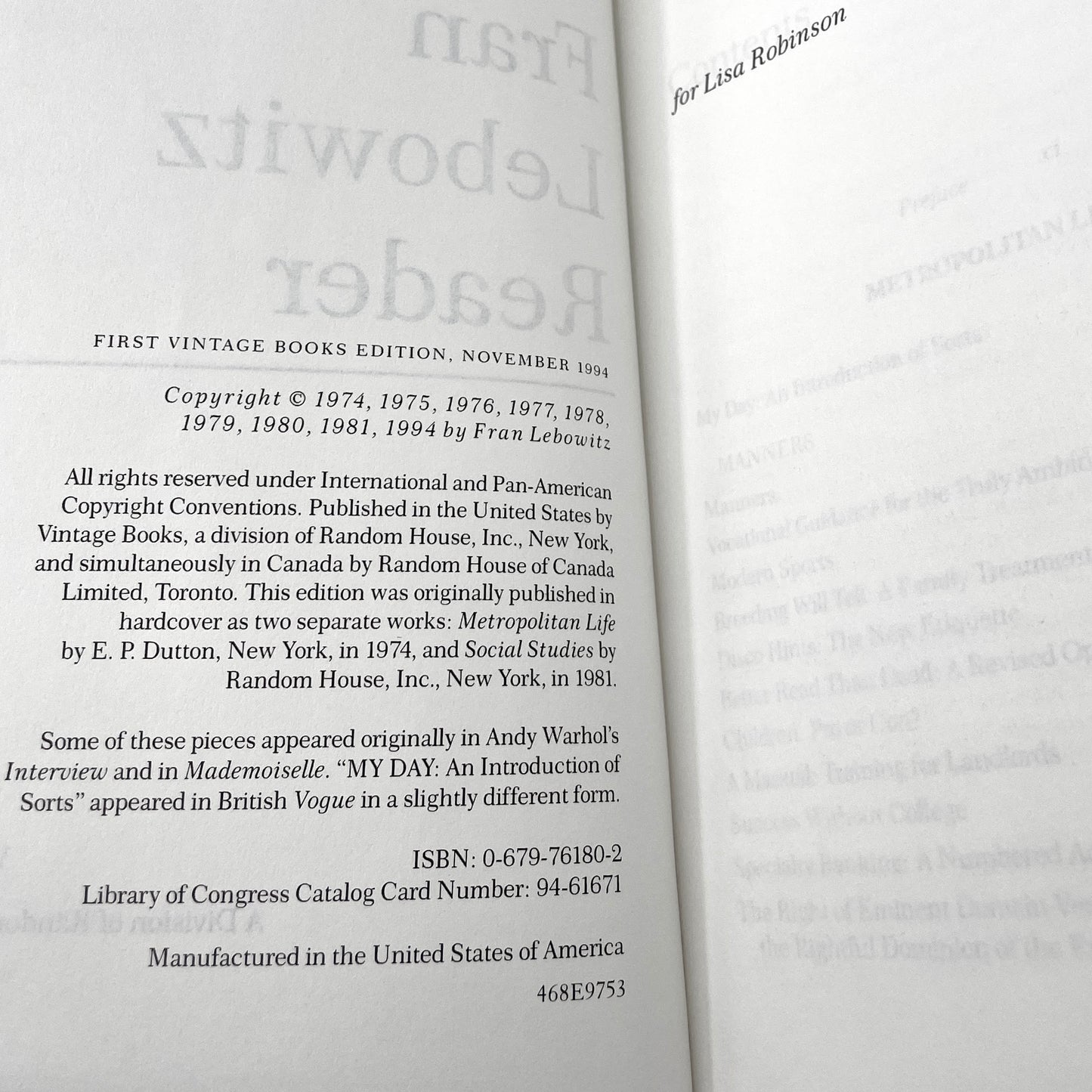 The Fran Lebowitz Reader [TRADE PAPERBACK] 1994 • Vintage Books