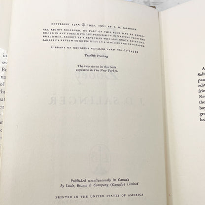 Franny and Zooey by J.D. Salinger [FIRST EDITION] 1961 • 12th Printing • Little Brown & Company