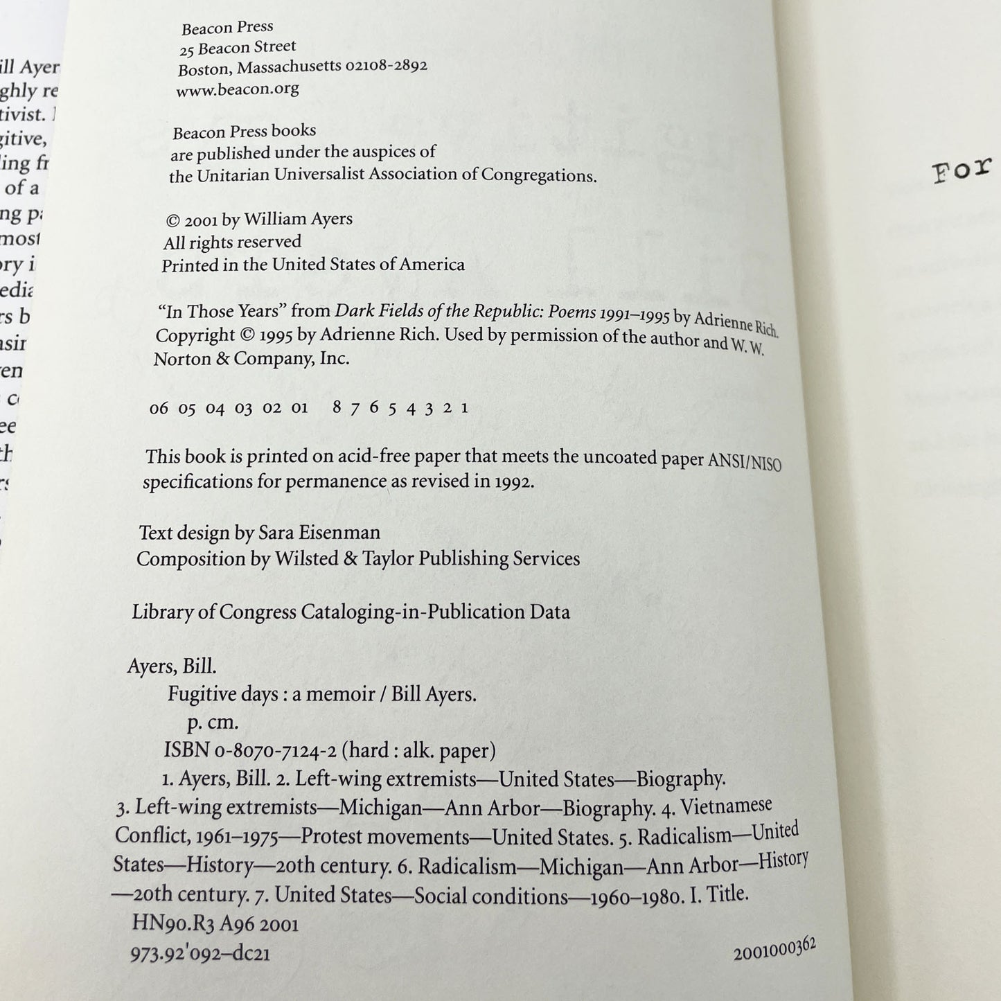 Fugitive Days: A Memoir by Bill Ayers SIGNED! [FIRST EDITION • FIRST PRINTING] 2001 • Beacon Press