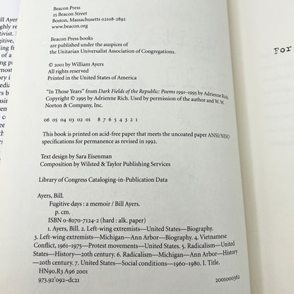 Fugitive Days: A Memoir by Bill Ayers SIGNED! [FIRST EDITION • FIRST PRINTING] 2001 • Beacon Press