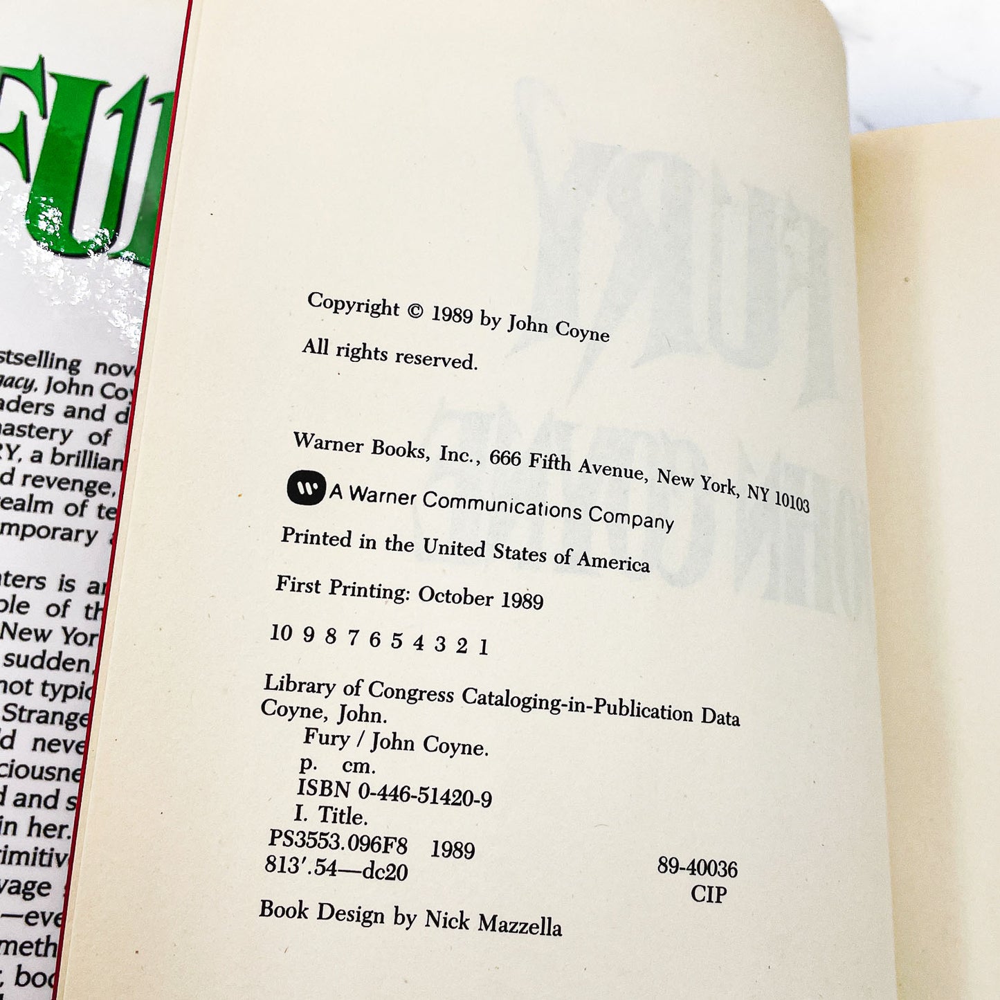 Fury by John Coyne [FIRST EDITION • FIRST PRINTING] 1989 • Warner Books