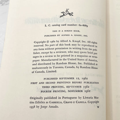 Gabriela, Clove and Cinnamon by Jorge Amado [U.S. FIRST EDITION] 1962 • Knopf