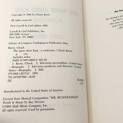 The Game Show King: A Confession by Chuck Barris [FIRST EDITION] 1993 • Carroll & Graf
