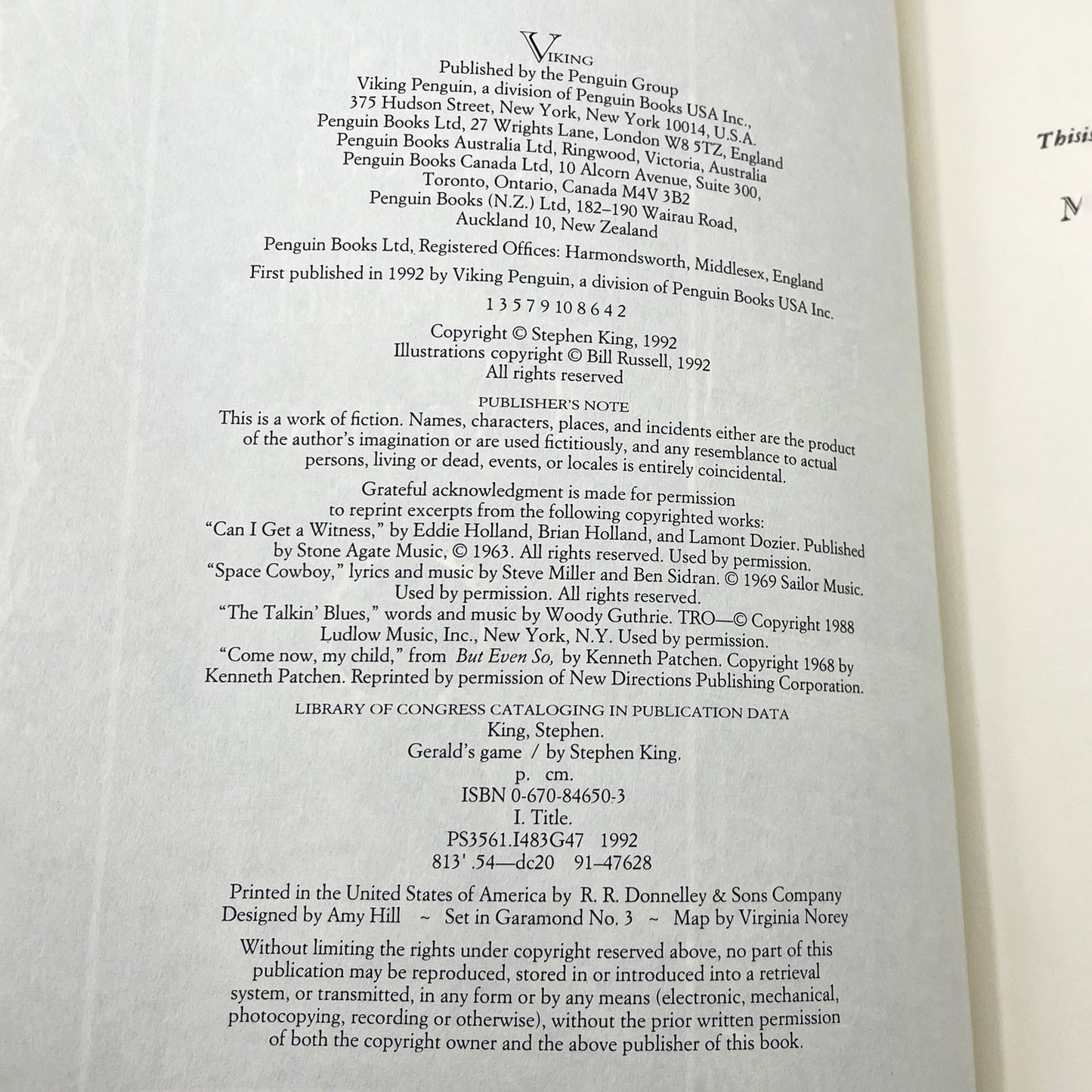 Gerald's Game by Stephen King [FIRST EDITION • FIRST PRINTING] 1992 • Viking