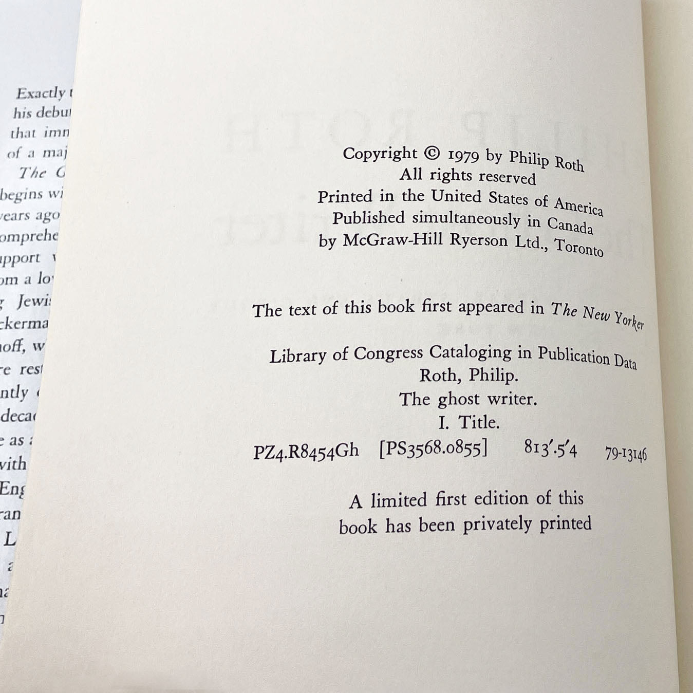 The Ghost Writer by Philip Roth [FIRST BOOK CLUB EDITION] 1979 • Mint Hardcover