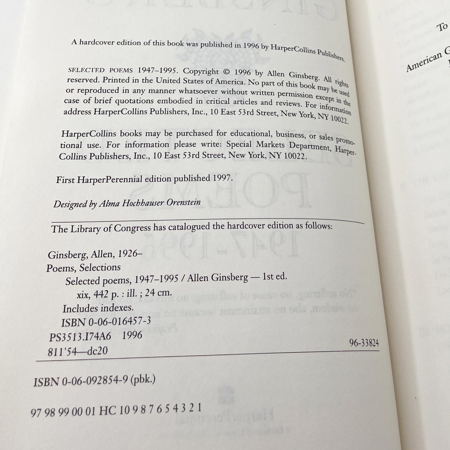 Selected Poems (1947-1995) by Allen Ginsberg [FIRST PAPERBACK PRINTING] 1997 • Harper Perennial