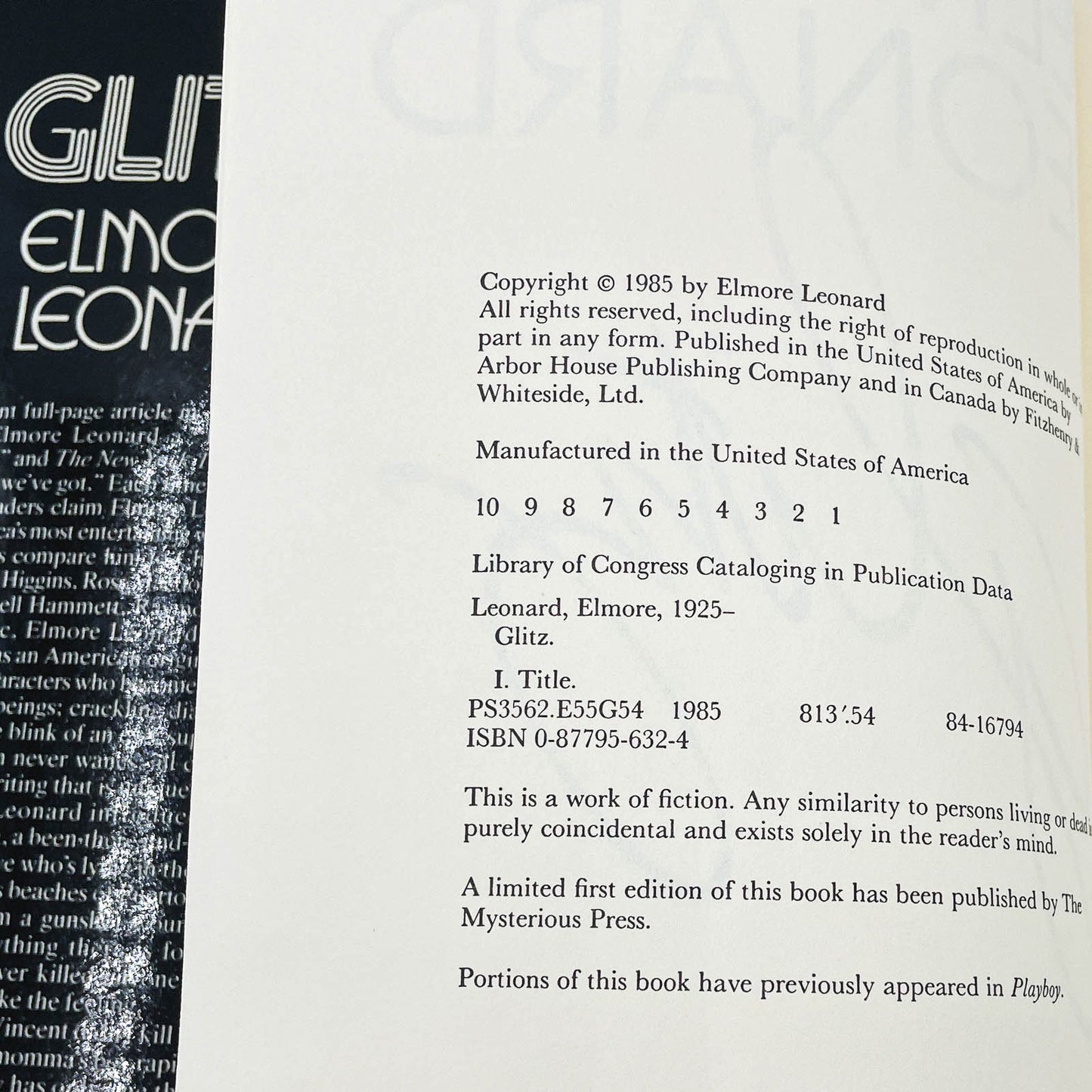 Glitz by Elmore Leonard [FIRST EDITION • FIRST PRINTING] 1985 • Arbor House