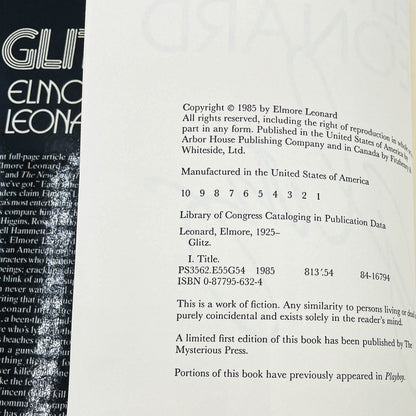 Glitz by Elmore Leonard [FIRST EDITION • FIRST PRINTING] 1985 • Arbor House