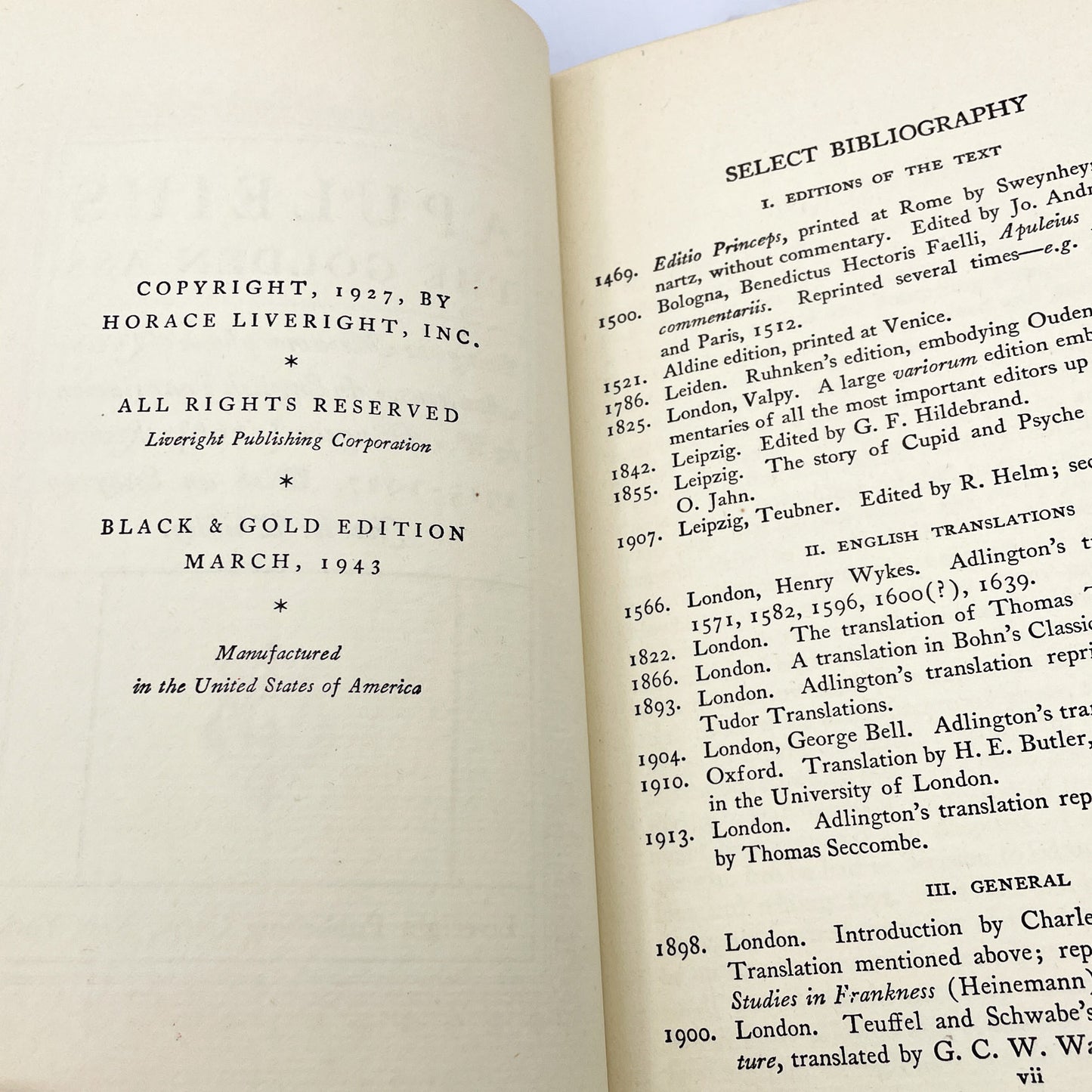 The Golden Asse of Apuleius translated by William Adlington [ANTIQUE HARDCOVER] 1943 • Liveright Publishing