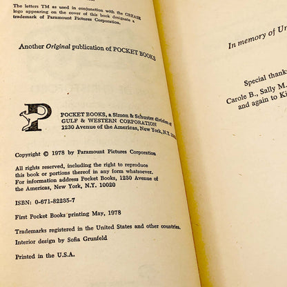 Grease: A Novelization by Ron De Christoforo [FIRST PAPERBACK PRINTING] 1978 • Pocket Books