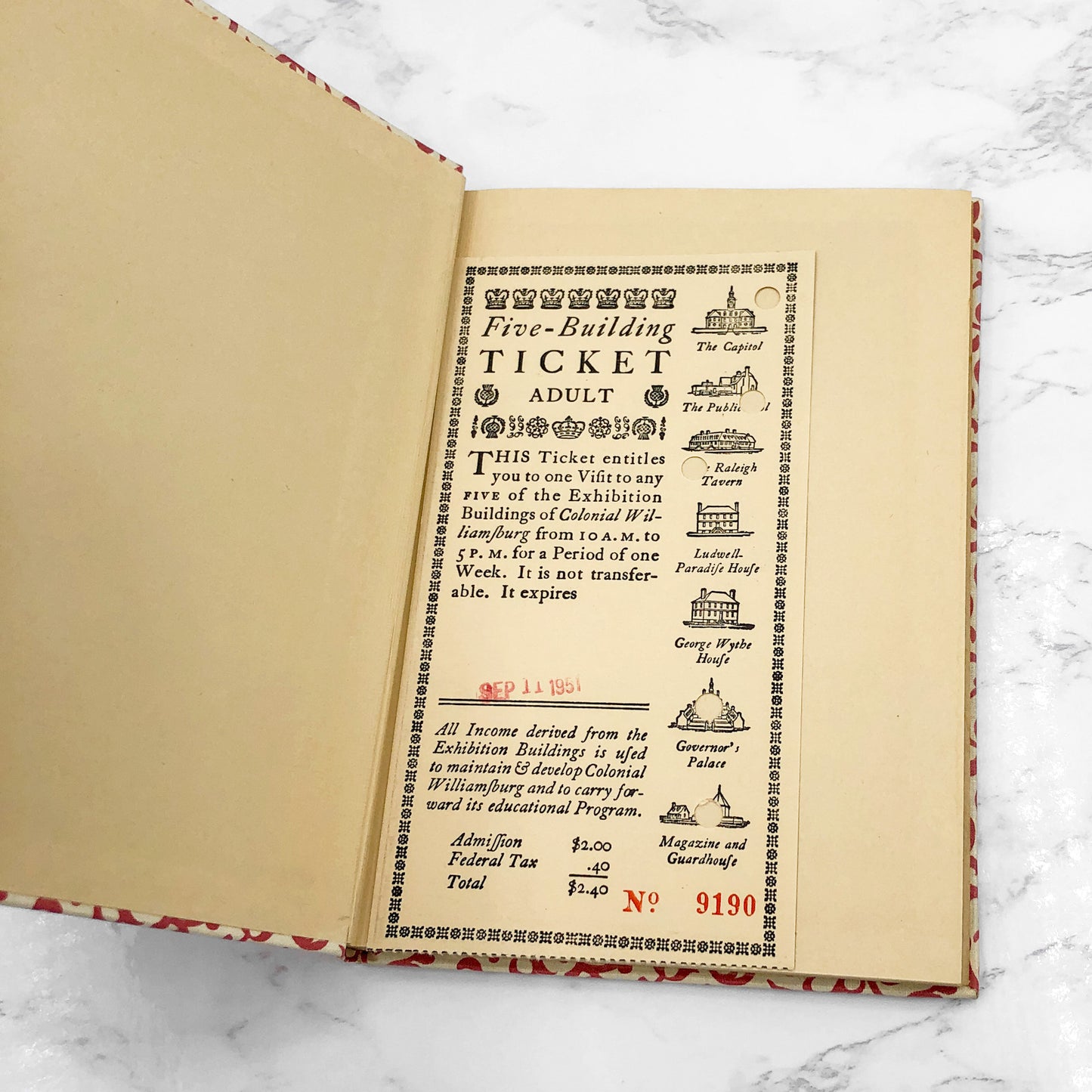 The Official Guidebook & Map of Colonial Williamsburg [ANTIQUE HARDCOVER] 1951 • incl. Map, Ticket & Insert