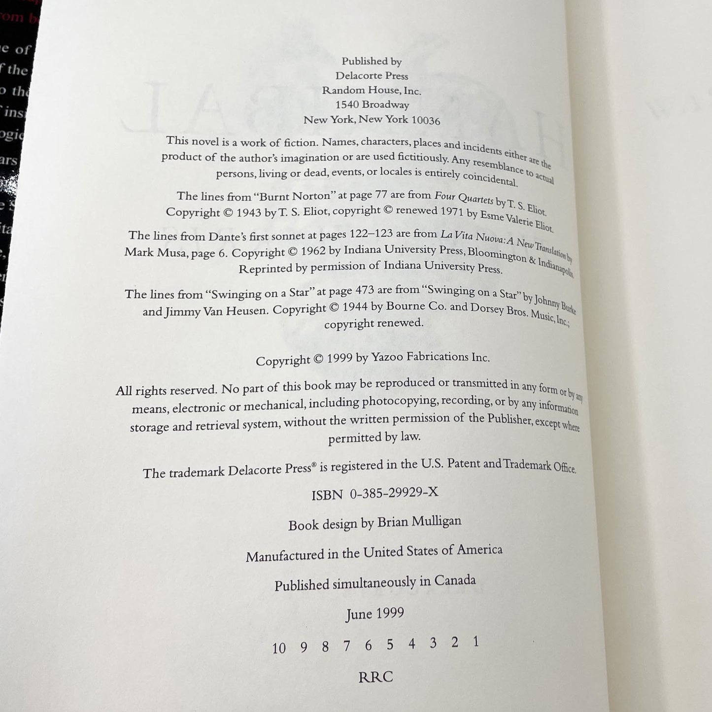 Hannibal by Thomas Harris [FIRST EDITION • FIRST PRINTING] 1999 • Delacorte