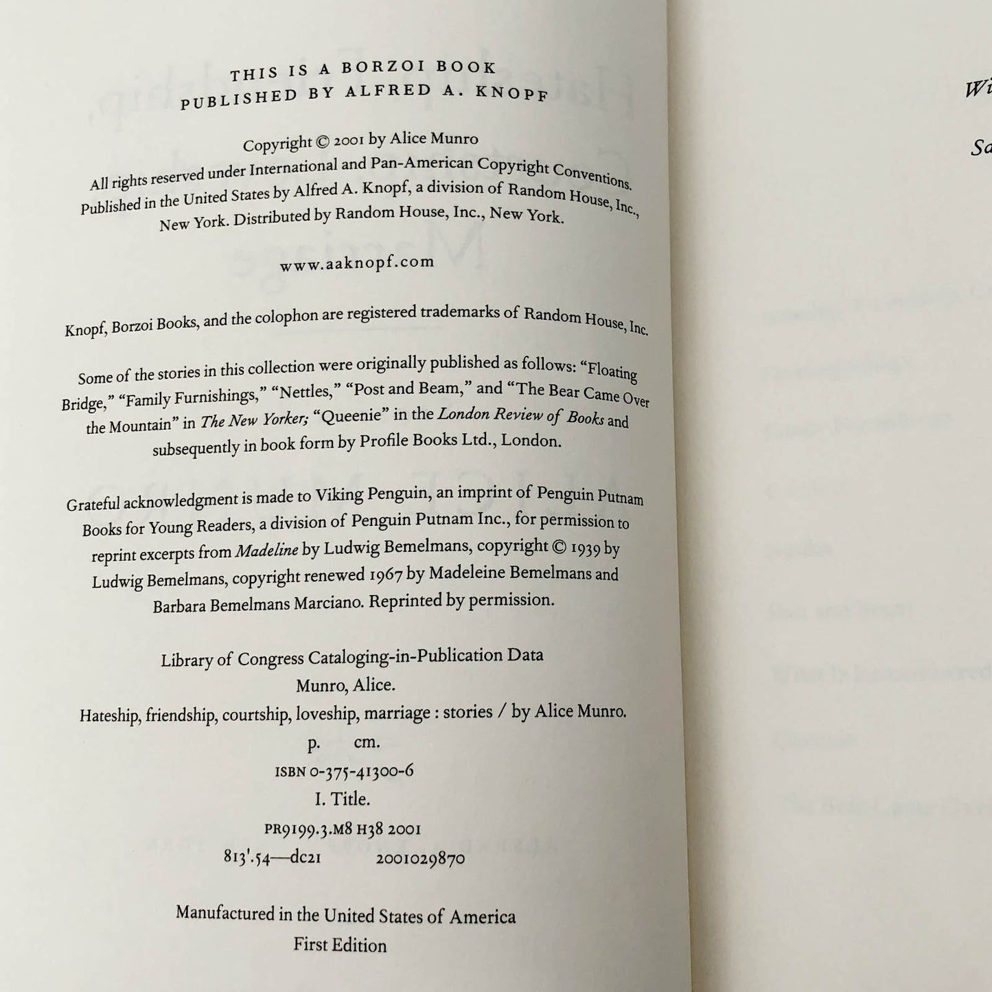 Hateship, Friendship, Courtship, Loveship, Marriage: Stories by Alice Munro [FIRST EDITION • FIRST PRINTING] 2001