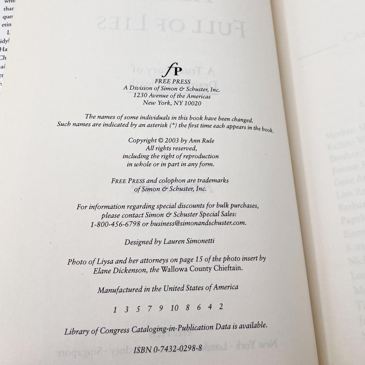 Heart Full of Lies: A True Story of Desire & Death by Ann Rule [FIRST EDITION • FIRST PRINTING] 2003 • Free Press