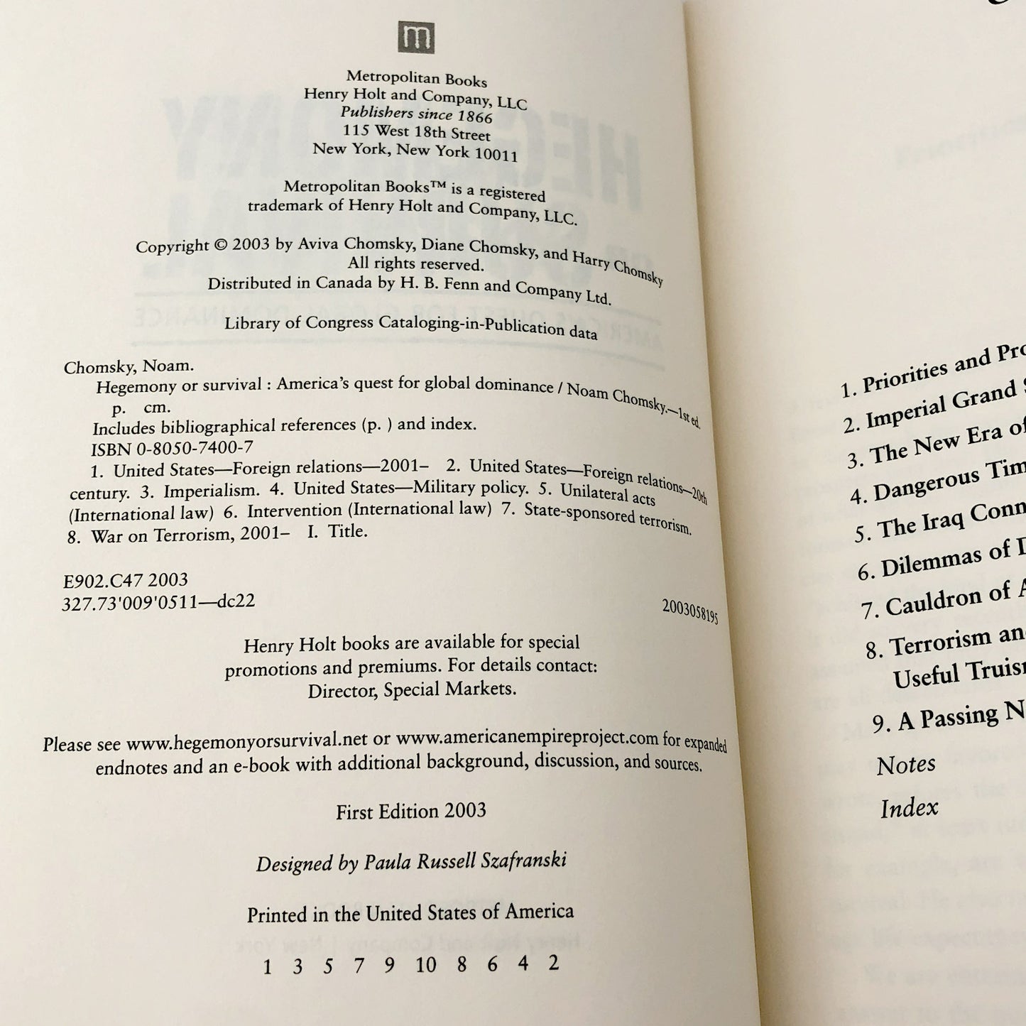 Hegemony or Survival: America's Quest for Global Dominance by Noam Chomsky [FIRST EDITION • FIRST PRINTING] 2003