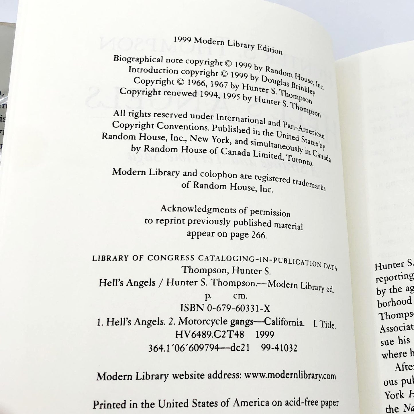 Hell's Angels by Hunter S. Thompson [HARDCOVER RE-ISSUE] 1999 • The Modern Library