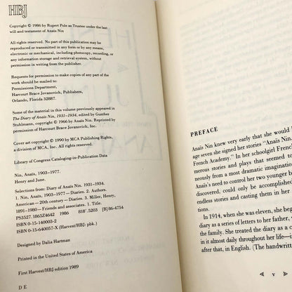 Henry and June by Anaïs Nin [XL TRADE PAPERBACK] 1990 • HBJ Movie Tie-in