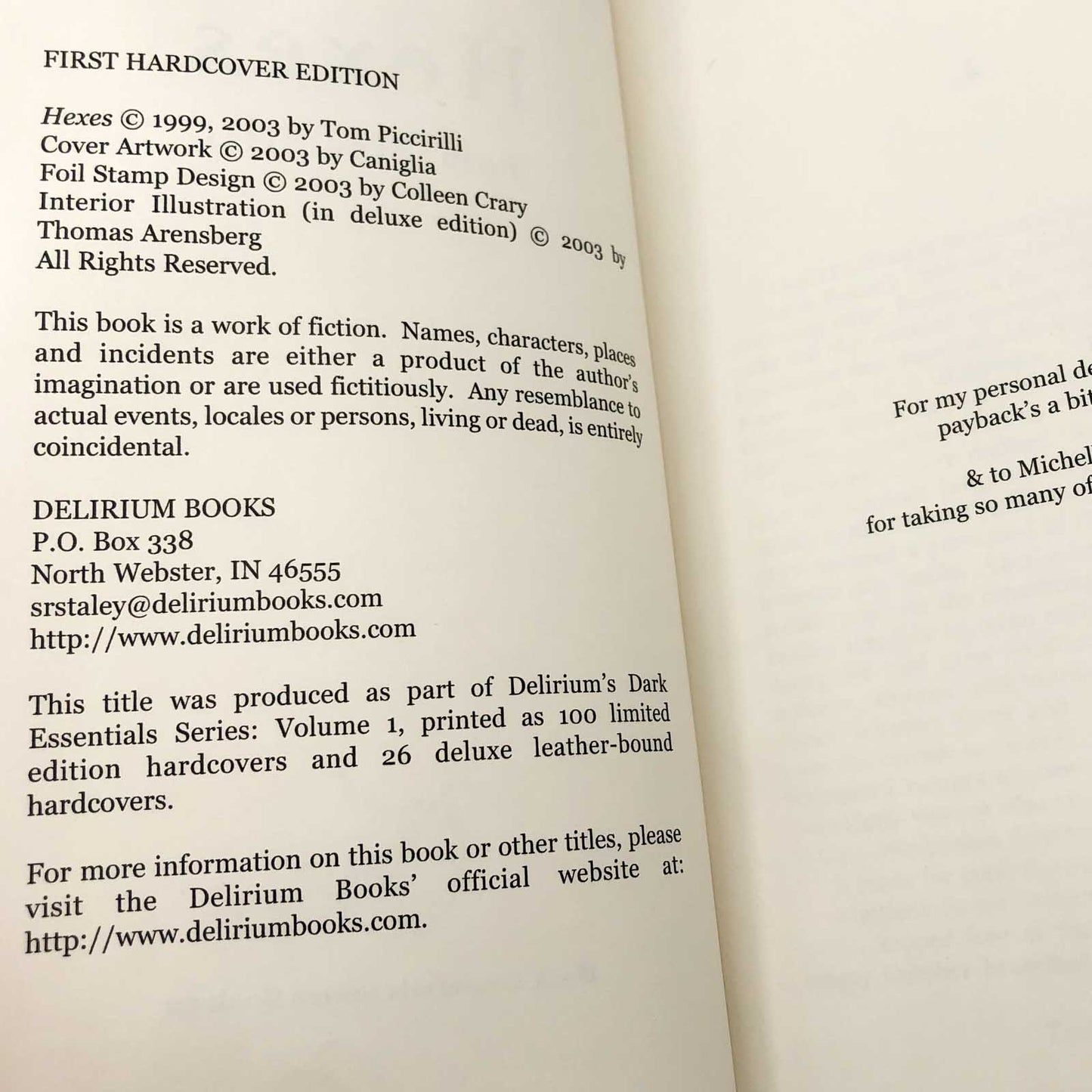 Hexes by Tom Piccirilli SIGNED! [SPECIAL EDITION HARDCOVER] • 1/100 • 2003 • Delirium Books