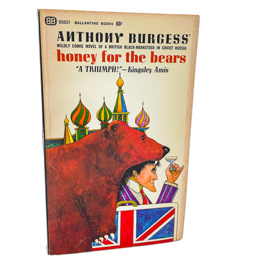 Book cover of 'Honey for the Bears' by Anthony Burgess with a bear and British flag design.