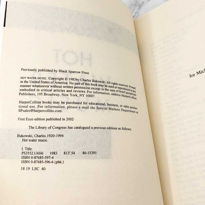 Hot Water Music by Charles Bukowski [TRADE PAPERBACK RE-ISSUE] 2002 • Ecco