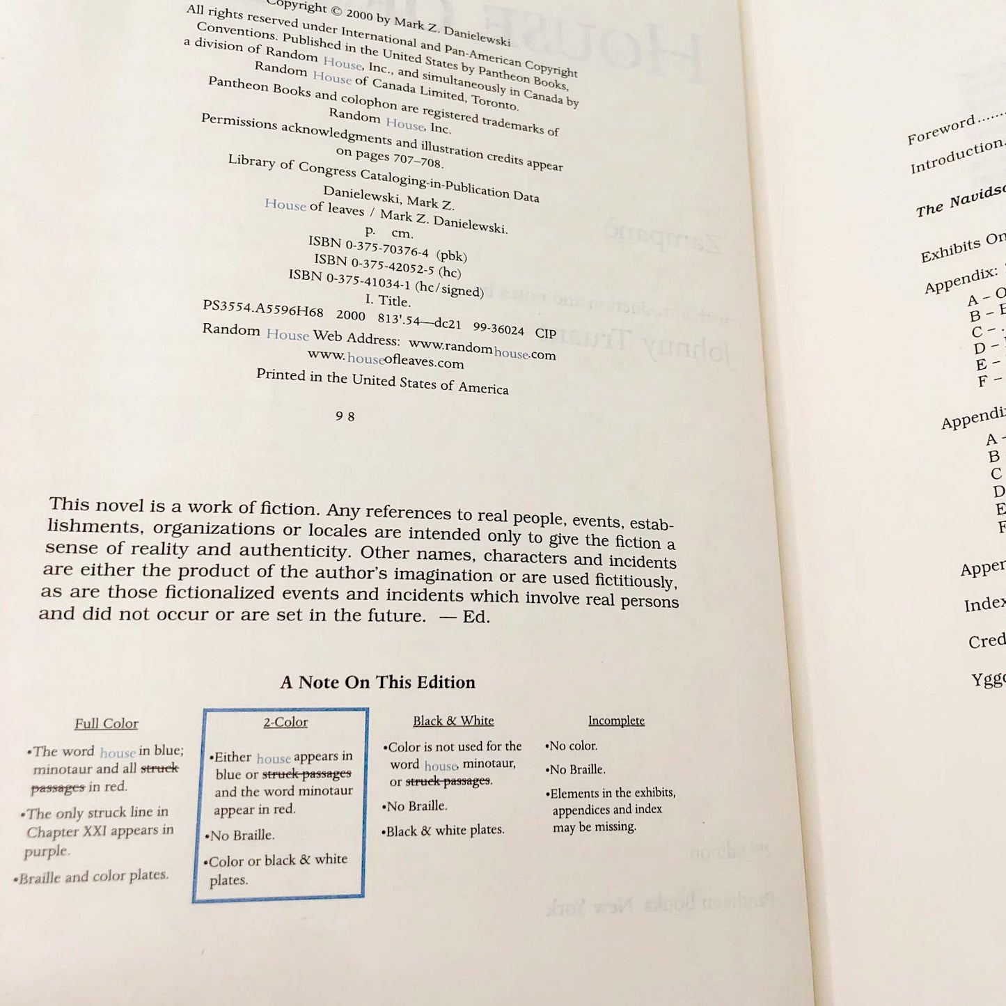 House of Leaves by Mark Z. Danielewski [2-COLOR EDITION / BLUE] 2000 • Pantheon Softcover