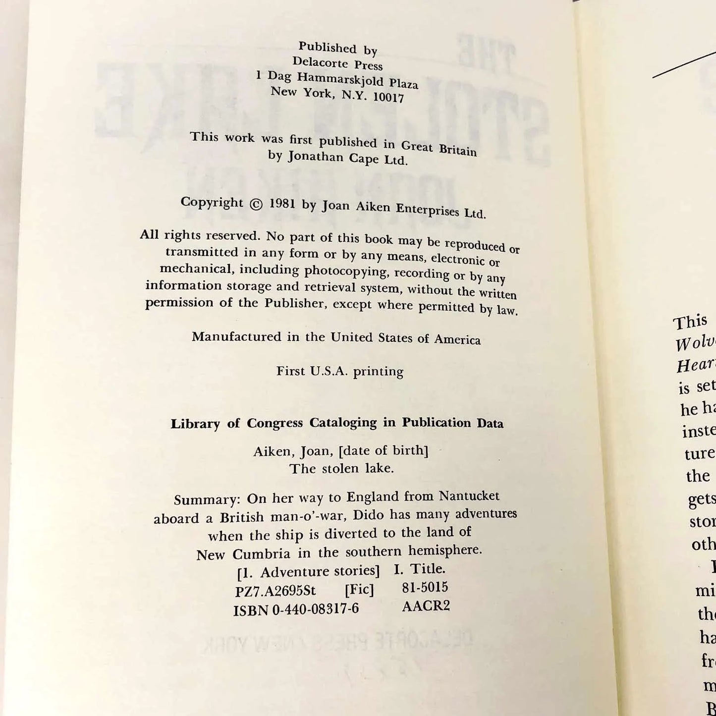 The Stolen Lake by Joan Aiken [FIRST BOOK CLUB EDITION] 1981 • Delacorte