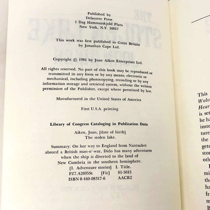 The Stolen Lake by Joan Aiken [FIRST BOOK CLUB EDITION] 1981 • Delacorte