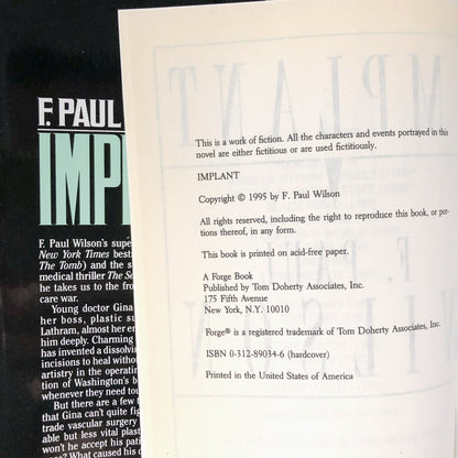 Implant by F. Paul Wilson [FIRST BOOK CLUB EDITION] 1995 • Forge / TOR