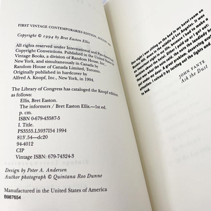 The Informers by Bret Easton Ellis [FIRST PAPERBACK EDITION] 1995 • Vintage Contemporaries