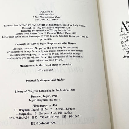 My Story by Ingrid Bergman [FIRST EDITION • FIRST PRINTING] 1980 • Delacorte