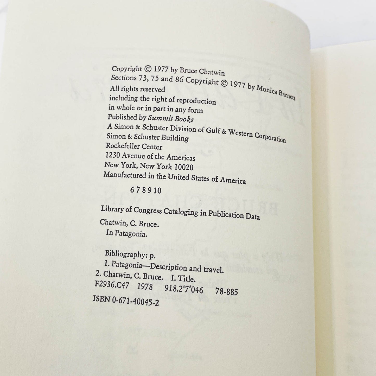 In Patagonia by Bruce Chatwin [FIRST EDITION] 1977 • Summit Books