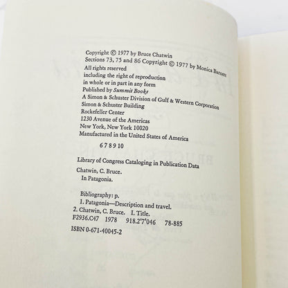 In Patagonia by Bruce Chatwin [FIRST EDITION] 1977 • Summit Books