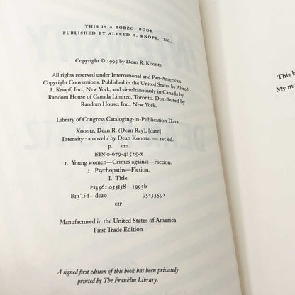 Intensity by Dean Koontz [FIRST EDITION • FIRST PRINTING] 1995 • Knopf