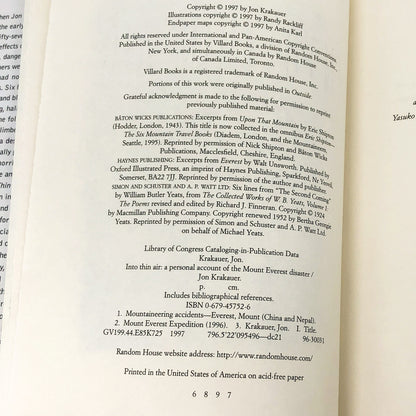 Into Thin Air: A Personal Account of the Mt. Everest Disaster by Jon Krakauer [FIRST EDITION] 1997