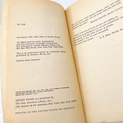 Invisible Man by Ralph Ellison [1952 PAPERBACK] Signet • 21st Printing