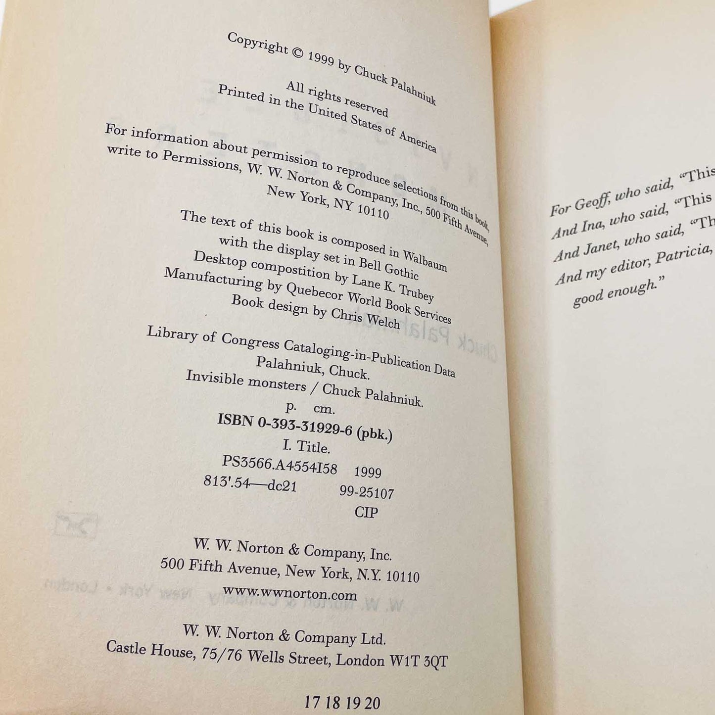 Invisible Monsters by Chuck Palahniuk [FIRST EDITION] 1999 • W.W. Norton & Co.