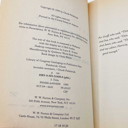 Invisible Monsters by Chuck Palahniuk [FIRST EDITION] 1999 • W.W. Norton & Co.