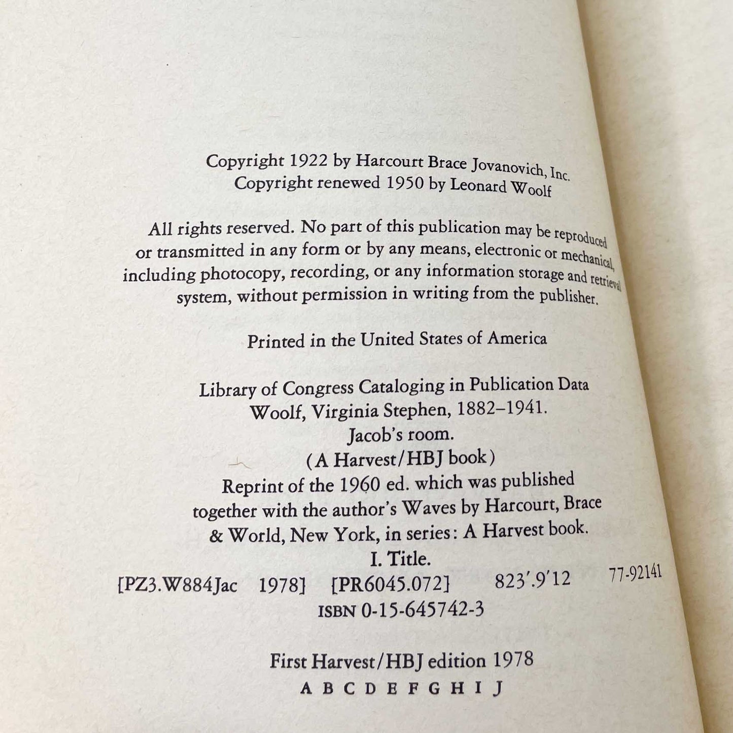 Jacob's Room by Virginia Woolf [FIRST TRADE PAPERBACK PRINTING] 1978 • Harvest HBJ