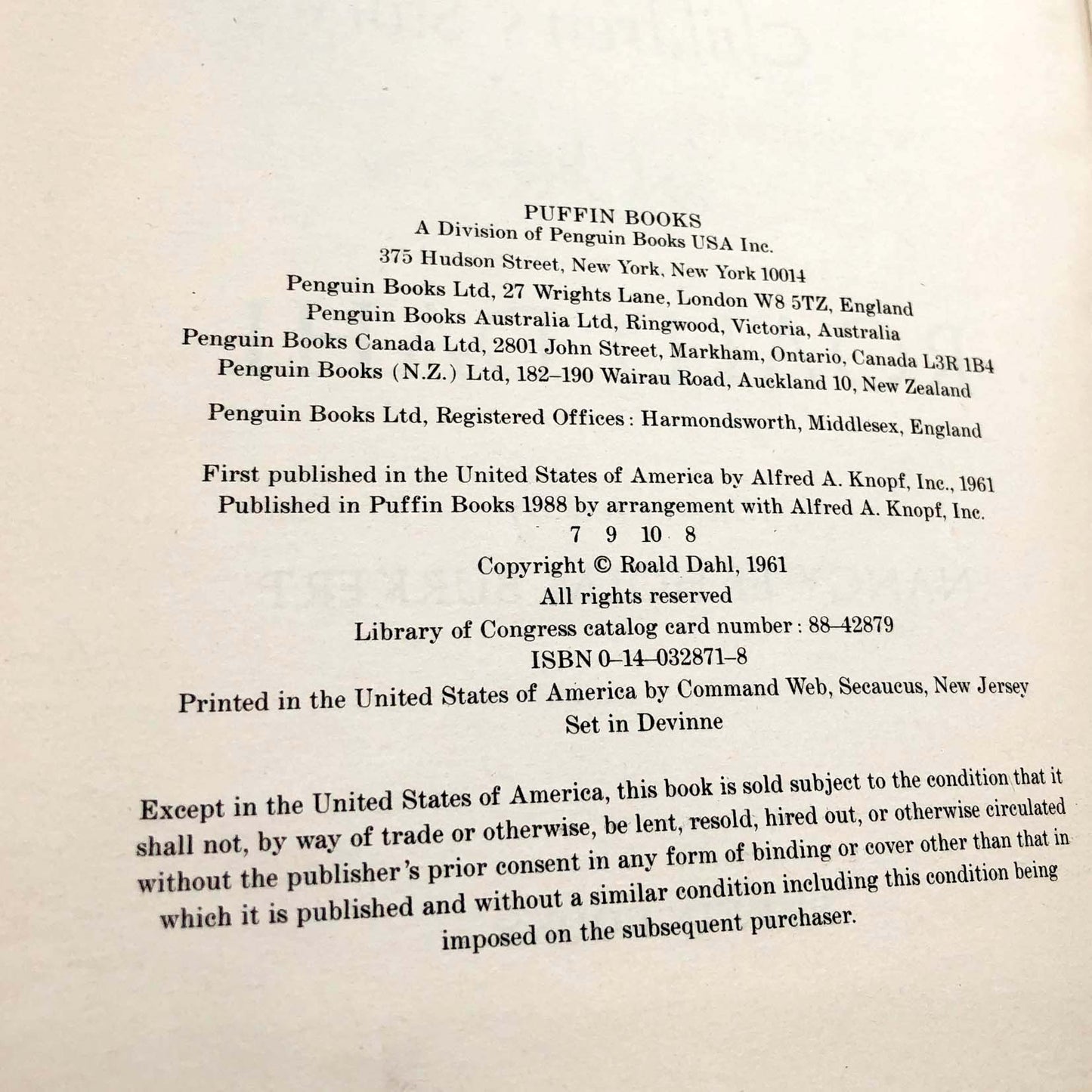 James and the Giant Peach by Roald Dahl [PERMA-BOUND HARDCOVER] 1988 • Puffin