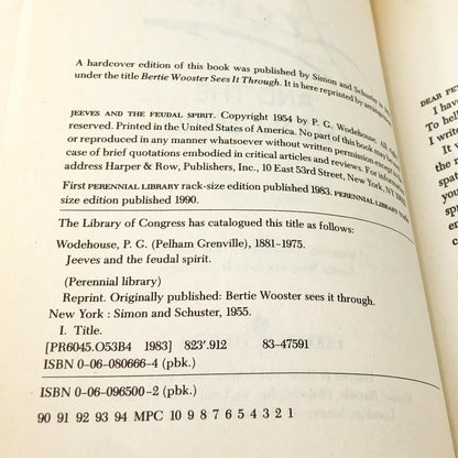Jeeves and the Feudal Spirit by P.G. Wodehouse [TRADE PAPERBACK] 1990 • Perennial Library