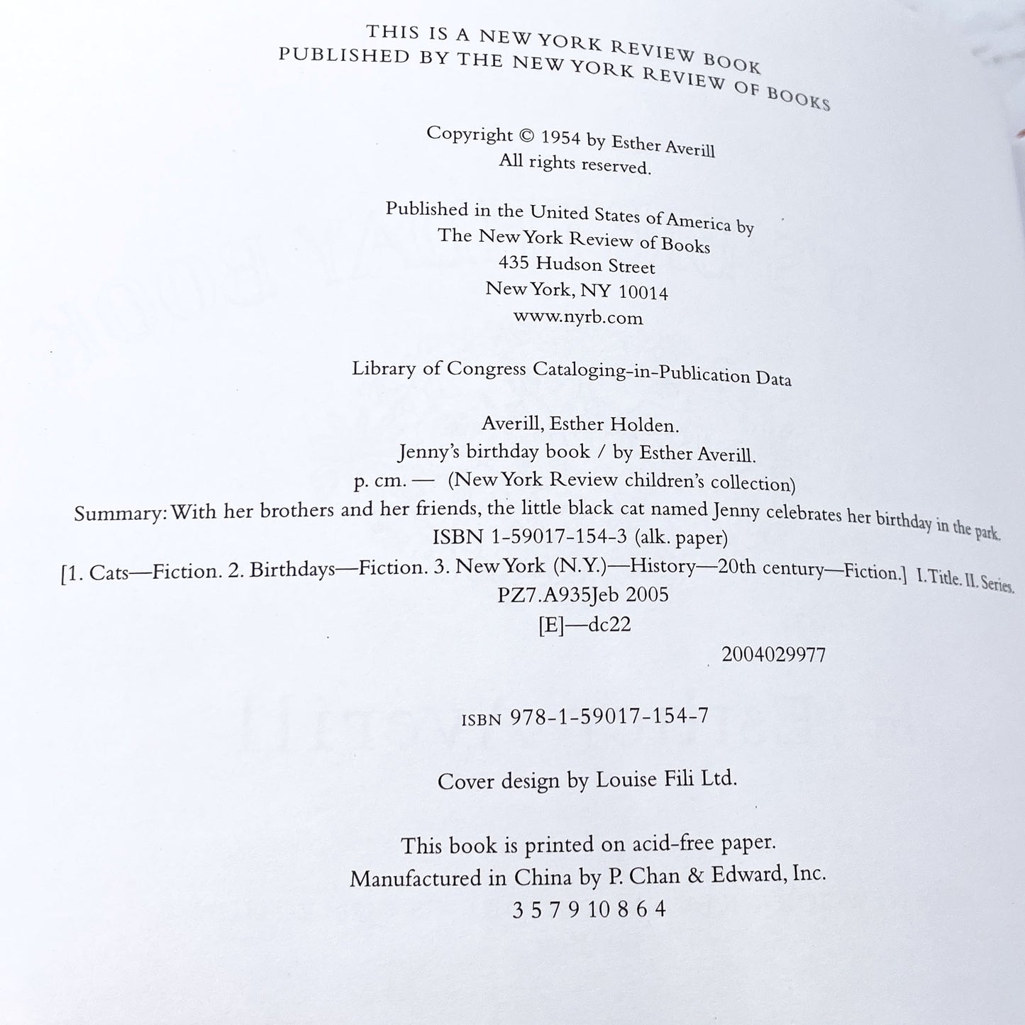 Jenny's Birthday Book by Esther Averill [HARDCOVER RE-ISSUE] 2005 • NYRB